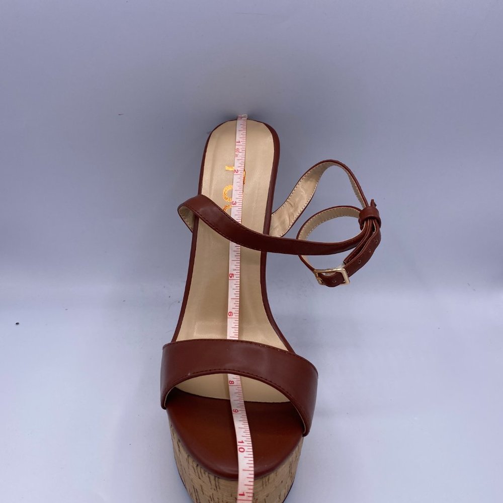 FSJ Tan Wedges Sandals Ankle Strap Slingback Open - Picture 9 of 11